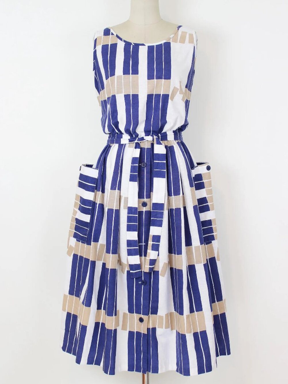 Vintage 80s Striped Blue and White Fit & Flare Sundress with Pockets - Med/LG